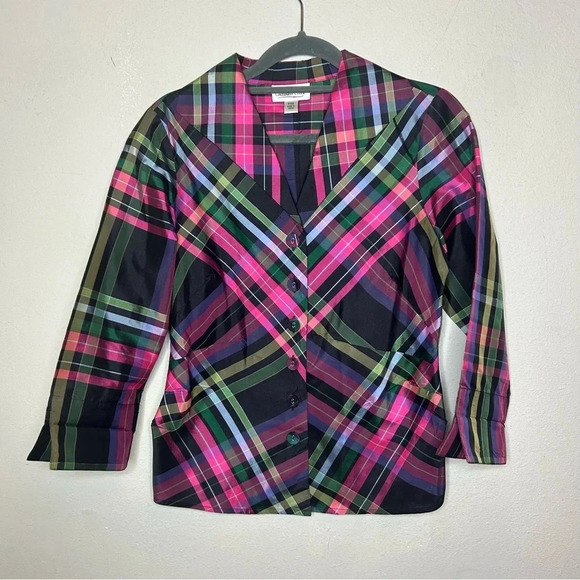 Coldwater Creek Silk Blend Plaid Structured Blouse Size XSP - Picture 1 of 6
